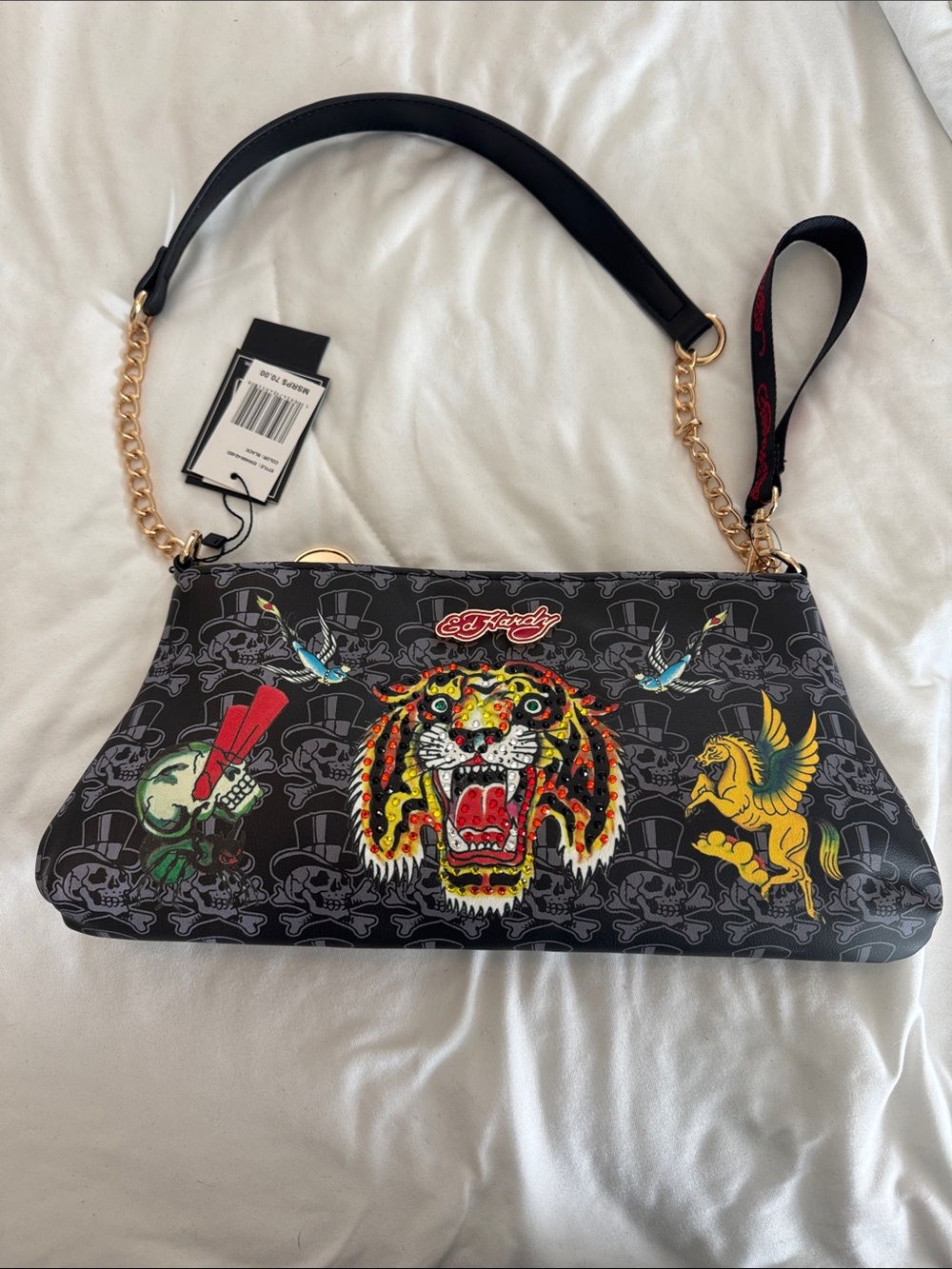 Ed Hardy Black Shoulder Bag with Colorful Tiger & Graphic Prints